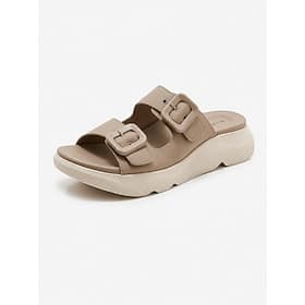 Women's Khaki Adjustable Double Buckle Platform Arch Support Slide Sandals – Comfort Slides with Cushioned Footbed Shock Absorption Sole for Walking, Travel