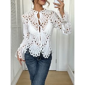 Femmes Chemisier Dentelle Couleur Unie ancien Élégant Basique manche longue Col haut Hauts Réguliers Occasionnel Quotidien Soirée Bleu Noir Blanche Jaune Rose