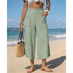 Femmes Shorts Capri Jambe large Chinos Vacances ancien Mode Longueur cheville Taille Moyenne Bouton Confortable Respirant Micro-Élastique Occasionnel Quotidien