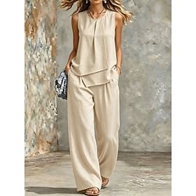 Women's Pants Sets Sleeveless Round Neck Ruched Patchwork Casual Daily Light Blue Black Yellow Summer Loose Fit