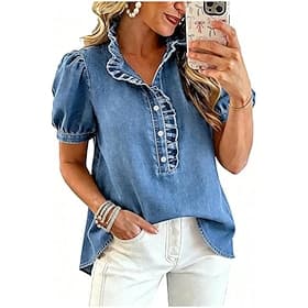 Femmes Chemisier Couleur Unie Élégant Basique Occasionnel Manche Courte Col montant Hauts Longs Occasionnel Quotidien Bleu Noir Bleu de minuit Gris Été Printem