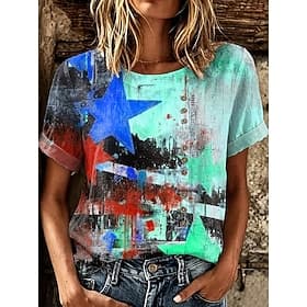Femmes Chemisier Boutons Imprimé Graphique Géométrique ancien Élégant Occasionnel Manche Courte Col ras du cou Hauts Réguliers Occasionnel Fête Bleu Rose Clair