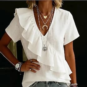 Femmes Chemise Chemisier Couleur Unie Élégant Occasionnel Manche Courte Col en V Hauts courts Occasionnel Plage Bleu vert jaunâtre Blanche Rouge Été Printemps