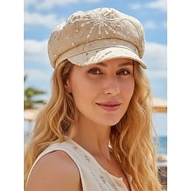Sequin Starburst Summer Newsboy Cap for Women, Breathable Mesh Linen Mix, Resort Travel Flat Hat, Champagne Gold Beige/White/Black, Elegant Ladies Headwear