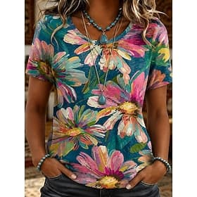 Mardi Gras Women's T Shirt Print Floral Graphic Plants Vintage Stylish Classic Short Sleeve Crew Neck Long Tops Casual Daily Weekend Blue Summer Spring