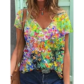 Women's T Shirt Print Floral Graphic Plants Basic Short Sleeve V Neck Regular Tops Casual Weekend Blue Yellow Sky Blue Summer Spring Fall Winter