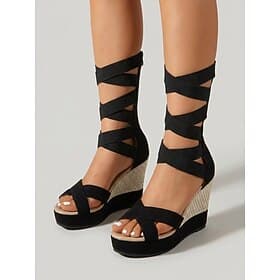 Women's Strappy Elastic Espadrille Wedge Sandals - Black Crisscross Platform Gladiator Shoes for Summer Outdoor Vacation, Beach Club Cruise