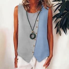 Femmes T-shirt Débardeur Patchwork Bloc de Couleur Élégant ancien Sans manches Col ras du cou Hauts courts Occasionnel Couleurs mixtes Été Printemps