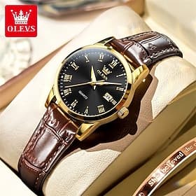 Montre homme Olevs, luxe, affaires, analogique, quartz, étanche, bracelet en cuir marron, cadran à chiffres romains avec date, style classique et élégant, cade