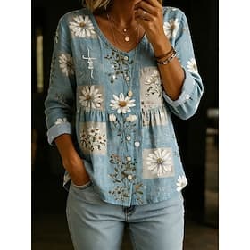 Femmes Chemise Boutons Fleuri Graphique Élégant Bohème Vacances manche longue Col en V Hauts Réguliers Occasionnel Bleu Jaune Rose Claire Été Printemps