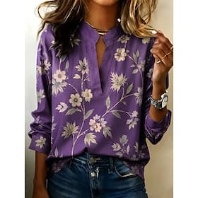 Femmes Chemise Imprimé A Ombre Fleuri Graphique ancien Élégant manche longue Col en V Hauts Réguliers Occasionnel Quotidien Fête Violet Été Printemps