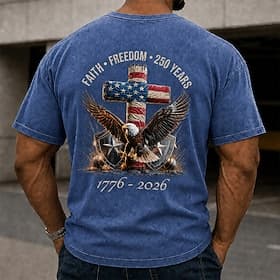 T-shirt homme 250e anniversaire du drapeau américain (4 juillet 2026), 100 % coton, délavé à l'acide, manches courtes, impression directe sur textile, col rond