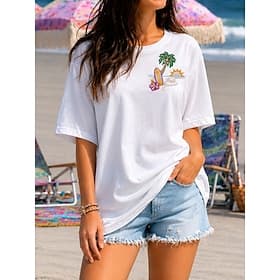 T-shirt brodé de plantes marines pour femme, haut d'été élégant, vintage, classique, manches courtes, col rond, coupe droite, décontracté, plage, blanc, été, p