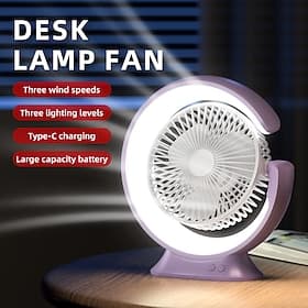 Petit ventilateur de bureau avec lumière LED, ventilateur de table portable rechargeable 2 en 1, 3 vitesses 3 niveaux de luminosité, chargement USB-C, ventilat