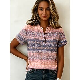 Women's Blouse Graphic Geometric Elegant Vacation Vintage Short Sleeve Henry Collar Regular Tops Casual Pink Green Summer Spring