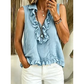 Femmes Chemise Chemisier A Volants Couleur Unie Mode Quotidien Occasionnel Sans manches Col en V Hauts Longs Occasionnel Noir Blanche Rose Claire Marron clair