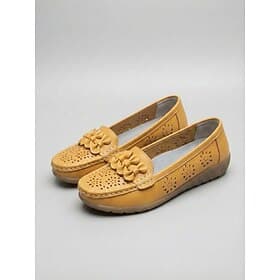 Women's Yellow Bowknot Comfort Loafers – Breathable Cutout Slip-On Walking Shoes with Non-slip Sole for Travel, Work All-day Comfort