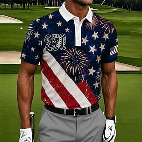 4 juillet 2026, 250e anniversaire Homme Drapeau Américain Golf Polos de Sport Manche Courte Polos Chemises à Col Occasionnel Athleisure Impression 3D Boutons M