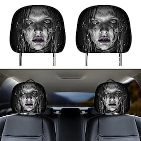 Lot de 2 ou 4 housses d'appuie-tête de voiture fantôme aux cheveux mouillés, protection d'appuie-tête pour siège auto d'Halloween, impression 2D plate, taille