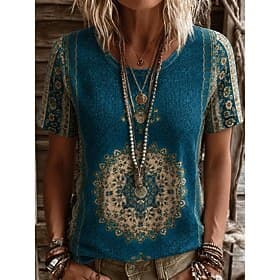 Women's T Shirt Print Floral Graphic Geometric Vintage Stylish Casual Short Sleeve V Neck Long Tops Casual Daily Weekend Blue Purple / Blue Black Yellow Wine S