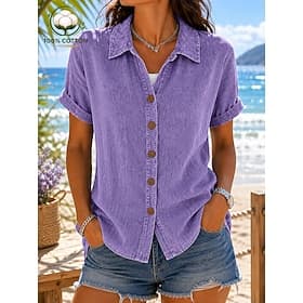 Chemisier femme 100% coton uni, style vintage élégant, manches courtes, revers, coupe classique, violet, été, printemps