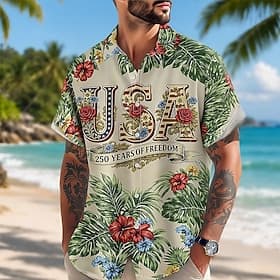 4 juillet 2026, 250e anniversaire Homme Amérique / Etats-Unis Drapeau Américain Cocotier Chemise Chemise d'été Chemise Boutonnée Manche Courte Patriotique Exté