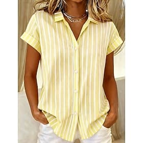 Femmes Chemise Chemisier Boutons Rayé Élégant Occasionnel Manche Courte Col Bénitier Hauts Réguliers Occasionnel Jaune clair Vert Claire Été Printemps