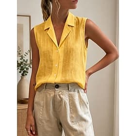 Débardeur femme 100 % coton, couleur unie, style vintage élégant et classique, sans manches, col à revers, coupe droite, décontracté, idéal pour le quotidien,