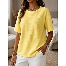 Femmes T-shirt Tops en tricot gaufre Couleur Unie Classique Moderne Occasionnel Manche Courte Col ras du cou Hauts Longs Occasionnel Quotidien Sortir Noir Blan