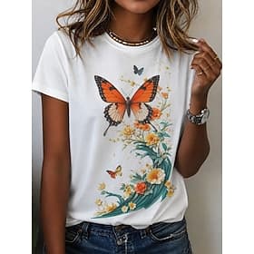 Women's T Shirt Print Graphic Butterfly Stylish Classic Casual Short Sleeve Crew Neck Regular Tops Casual Daily White Yellow Summer Spring