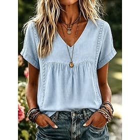 Femmes Chemise Chemises en coton et lin Couleur Unie Bohème Vacances ancien Sans manches Manche Courte Col en V Hauts Réguliers Occasionnel Bleu Été Printemps