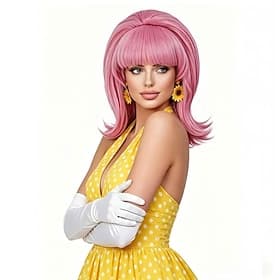 Perruque rose courte ondulée vintage avec frange, style chignon bouffant rétro, idéale pour un déguisement années 60, 70 ou 80, ou une soirée d'Halloween.