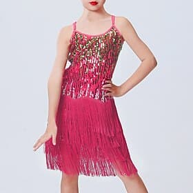 Costume de danse rose vif pour fille Robe latine à franges et sequins à plusieurs niveaux pour spectacle, récital de danse faire la fête