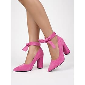 Women's Comfortable Hot Pink Suede Pumps - Elegant Pointed Toe Block High Heels with Ankle Tie Bow for Casual Daily Wear Office Work