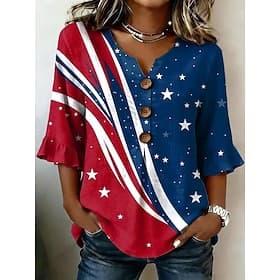 Femmes Chemise Décontractée Hauts d'été Chemisier Boutons Graphique Drapeau Élégant Bohème Vacances Col en V Hauts Longs Occasionnel Blanche Blanc et rouge Rou