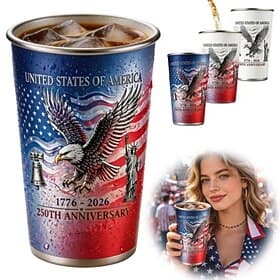 Gobelet commémoratif du 250e anniversaire des États-Unis, gobelet isotherme patriotique en acier inoxydable de 500 ml (16,9 oz), mug à café rouge, blanc et ble