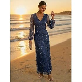 Fourreau Colonne Robe Longueur cheville Robe de Soirée Robe de Cocktail Robe de Mère de Mariée manche longue Col en V Élégant ancien Luxueux Formel robe demoi