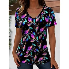 Pâques Femmes T-shirt Imprimé Fleuri Graphique Plantes Élégant Classique Occasionnel Manche Courte Col en V Hauts courts Occasionnel Quotidien Noir Été Printem