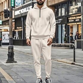 Homme Ensemble Survetement Tenue de Jogging Combinaisons d'entraînement Cordon de serrage avec poche Couleur Unie Ensemble Vêtements Printemps Automne Blanche