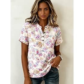 Women's Blouse Graphic Paisley Elegant Vacation Vintage Short Sleeve Henry Collar Regular Tops Casual White Pink Purple Summer Spring