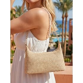 Sac bandoulière tissé pour femme, sac hobo en maille de paille avec bandoulière ajustable et chaîne dorée, cabas ivoire kaki idéal pour les vacances d'été, la