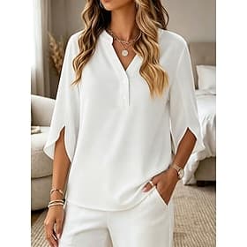 Women's Shirt Blouse Buttons Solid Color Fashion Half Sleeve V Neck Regular Tops Daily Black White Fuchsia Summer Spring
