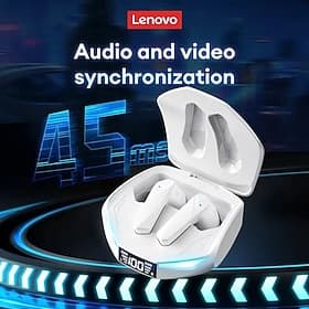 Écouteurs sans fil Lenovo pour le jeu, latence ultra-faible de 45 ms, Bluetooth avec indicateur de charge LED, synchronisation audio/vidéo, TWS avec micro pour
