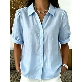 Femmes Chemise Chemisier Patchwork Boutons Couleur Unie Mode Occasionnel Manche Courte Manches bouffantes Col de chemise Hauts Réguliers Occasionnel Bleu Ciel