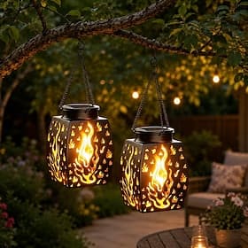 Lot de 2 lanternes solaires d'extérieur étanches, lampes de jardin suspendues en métal avec effet flamme vacillante LED, lanternes décoratives pour terrasse, p