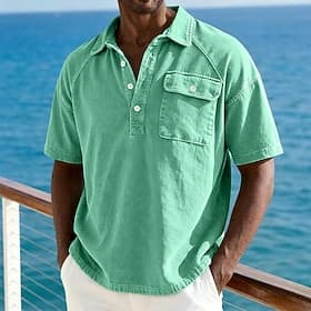 Homme Polo Chemise 100% coton délavée à l'acide Occasionnel Fête Revers Manche Courte Mode Basique Uni Avec Poches Vintage Été Printemps Toutes saisons Coupe r