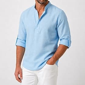 Chemise homme en coton et lin à enfiler - chemise décontractée à boutons - bleue