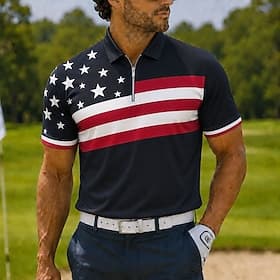 4th of July 2026 250th Men's American Flag Zip Polo Shirts Short Sleeve Polo Shirts Collared Shirts Casual Outdoor Athleisure 3D Print Breathable Mesh Quarter