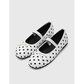 Ballerines Mary Jane blanches à pois pour femmes - Chaussures noires et blanches à bout rond avec bride élastique arc pour les promenades quotidiennes décontra