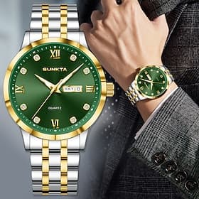 Montre homme de luxe Sunkta, cadran vert, bracelet bicolore en acier inoxydable, étanche, à quartz, avec affichage jour et date, chiffres romains et index diam